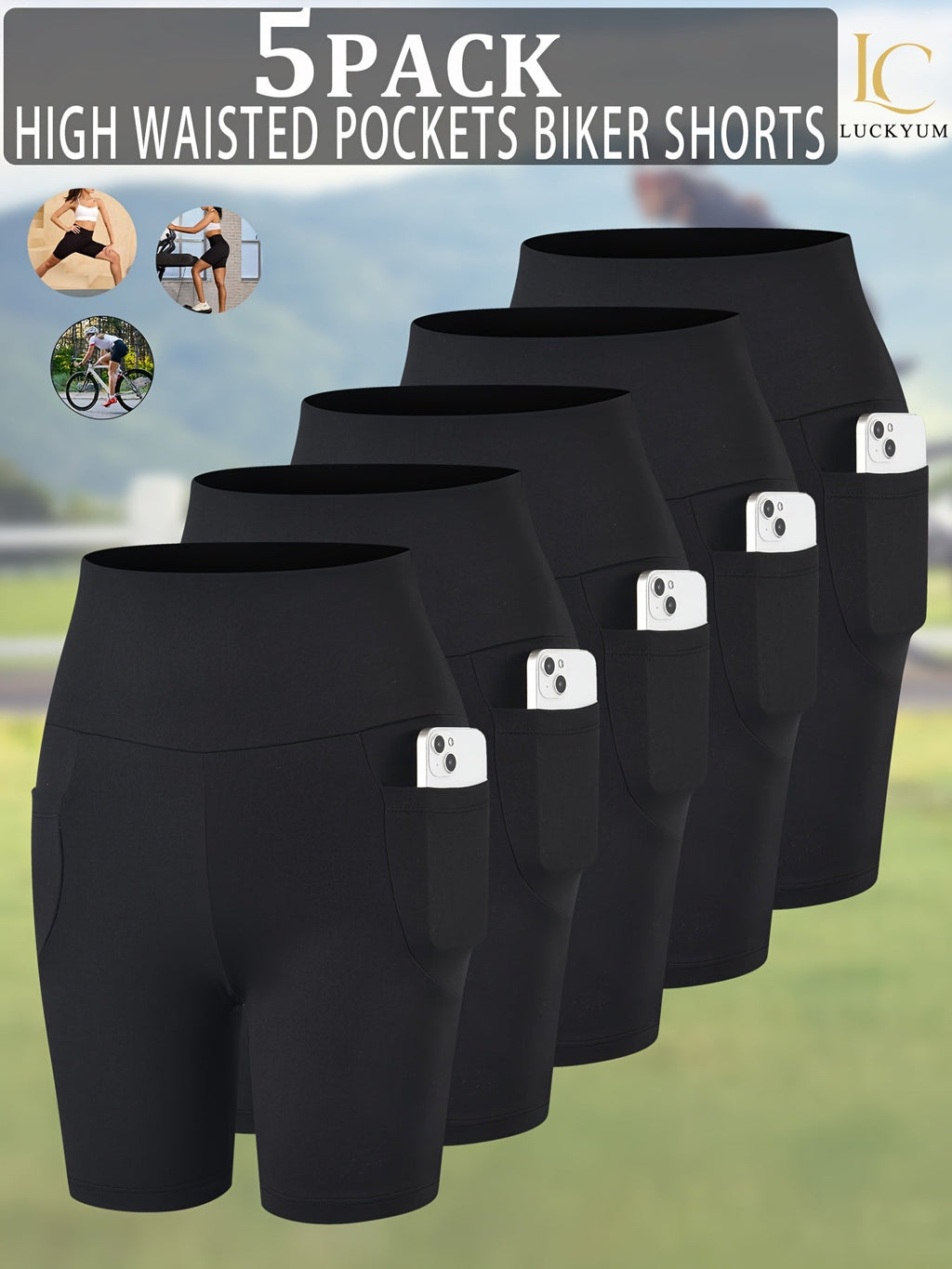 Women's High Waisted Biker Shorts 5-Pack with Pockets | Tummy Control, Non-See-Through | 6" Inseam Workout, Running, Yoga Athletic Shorts | Soft & Stretchy | XS-XXL | Mixed Colors