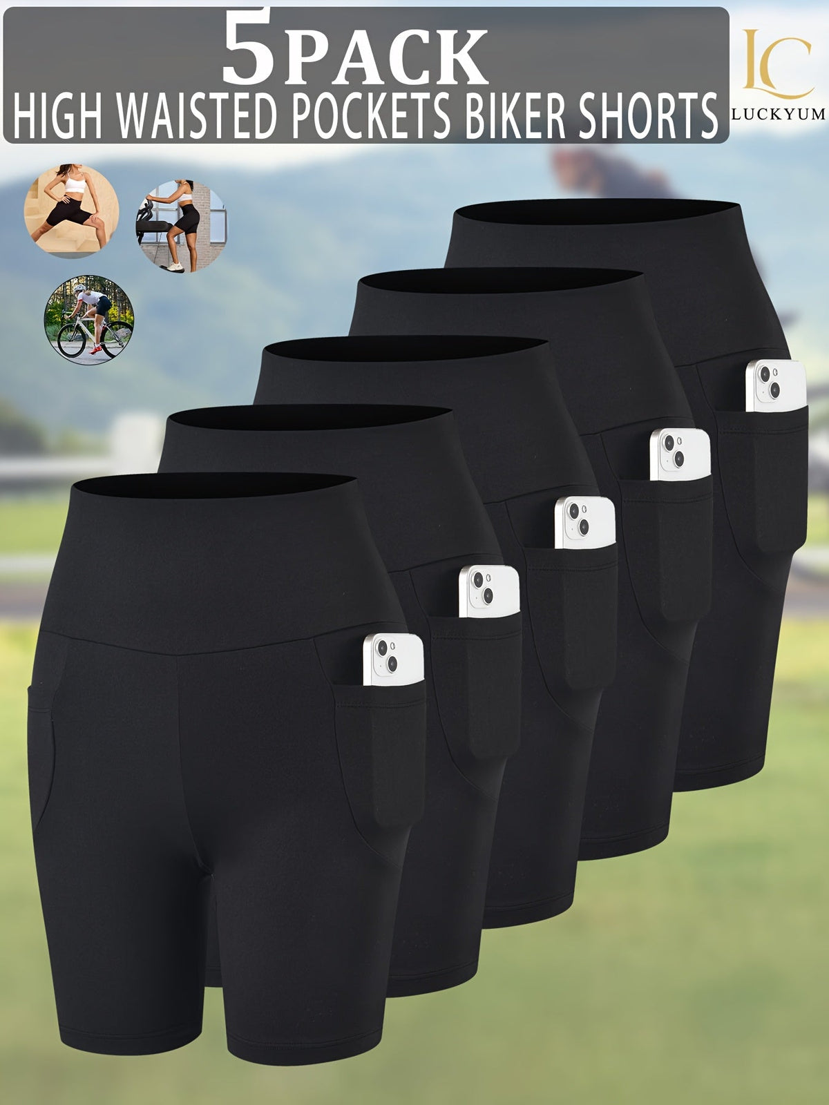 Women's High Waisted Biker Shorts 5-Pack with Pockets | Tummy Control, Non-See-Through | 6" Inseam Workout, Running, Yoga Athletic Shorts | Soft & Stretchy | XS-XXL | Mixed Colors