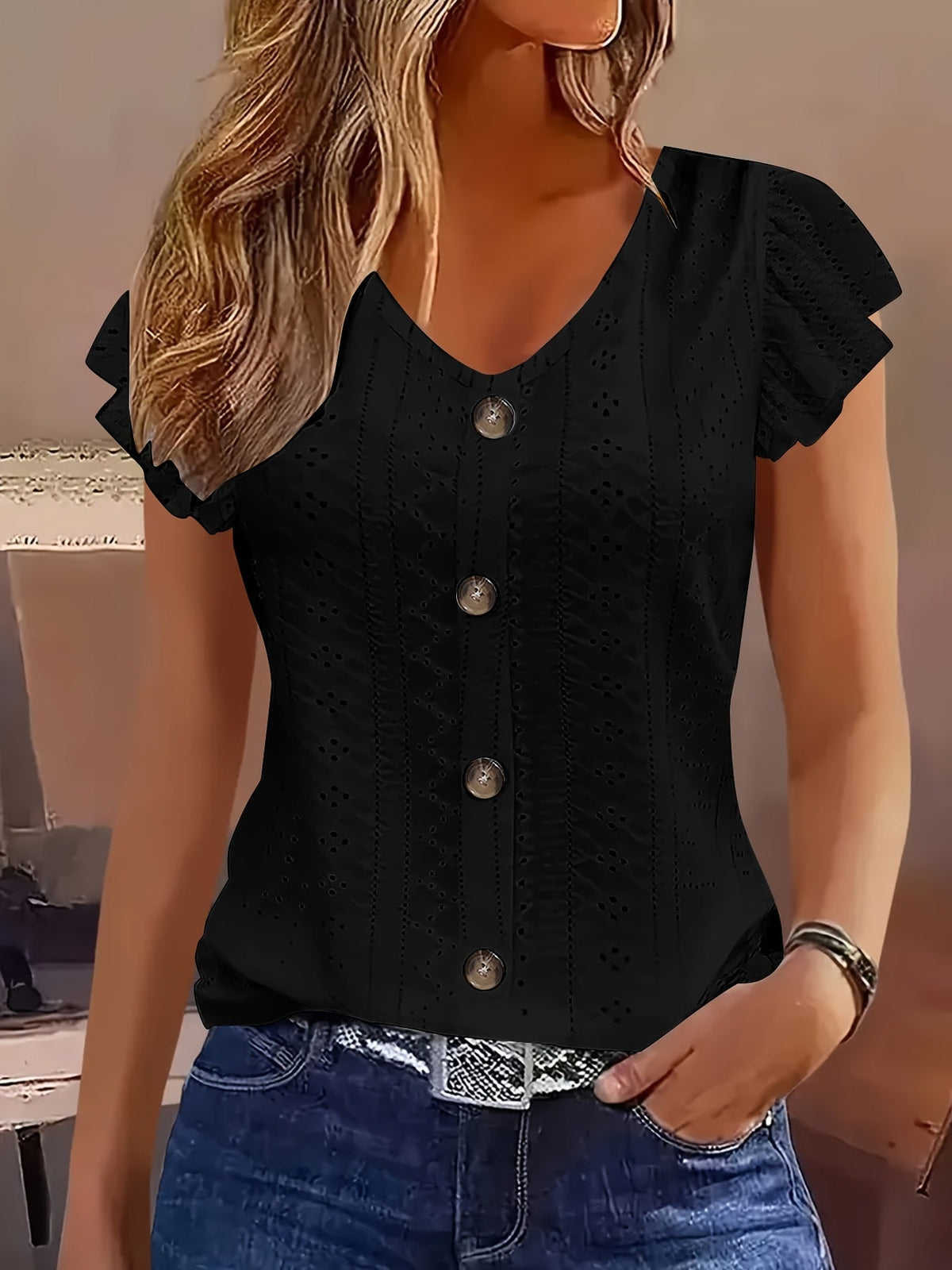 Eyelet Embroidery Button-Front V-Neck Cap Sleeve Top Women's Solid Color Casual Summer Shirt Breathable Lightweight Blouse S-XXL Multiple Colors