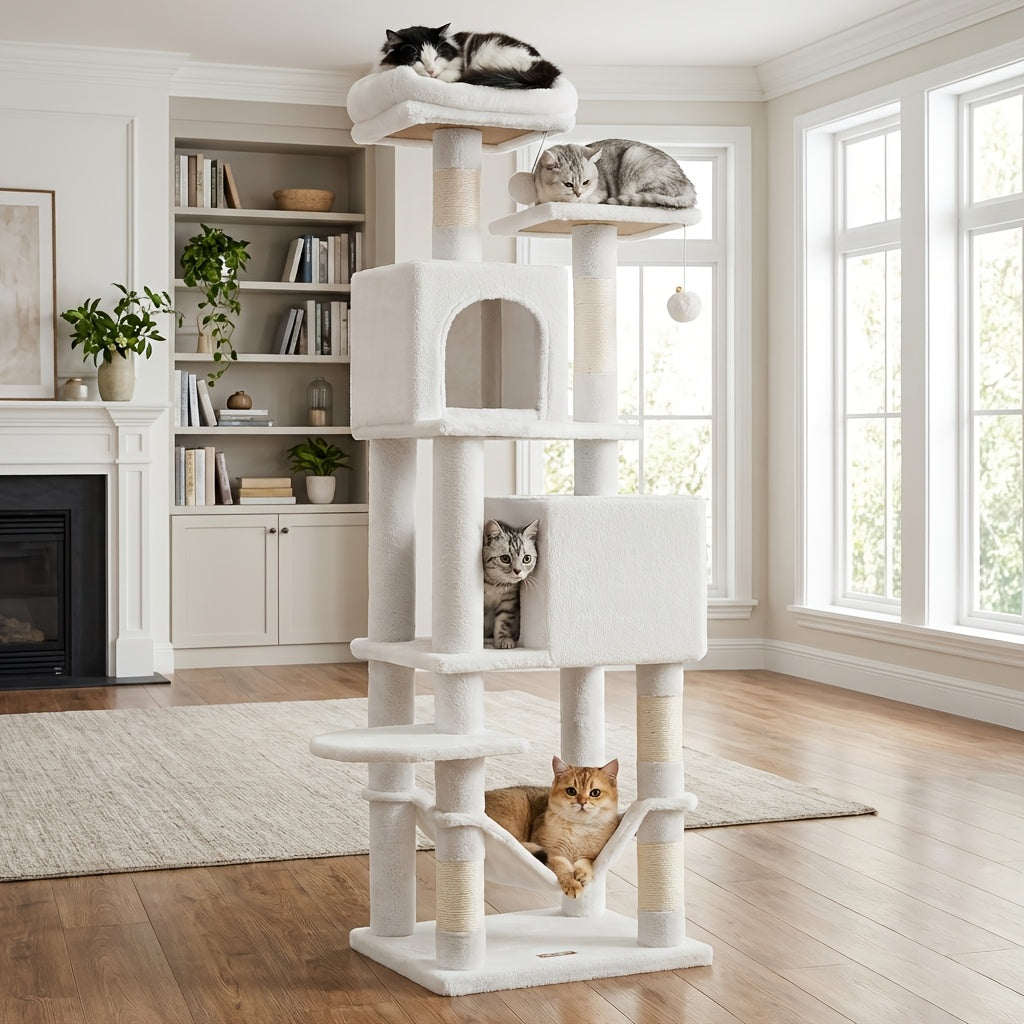 61-Inch Multi-Level Cat Tree Tower – Plush Cat Condo with 5 Scratching Posts 2 Perches 2 Caves Hammock & Pompoms for Indoor Cats in 7 Colors