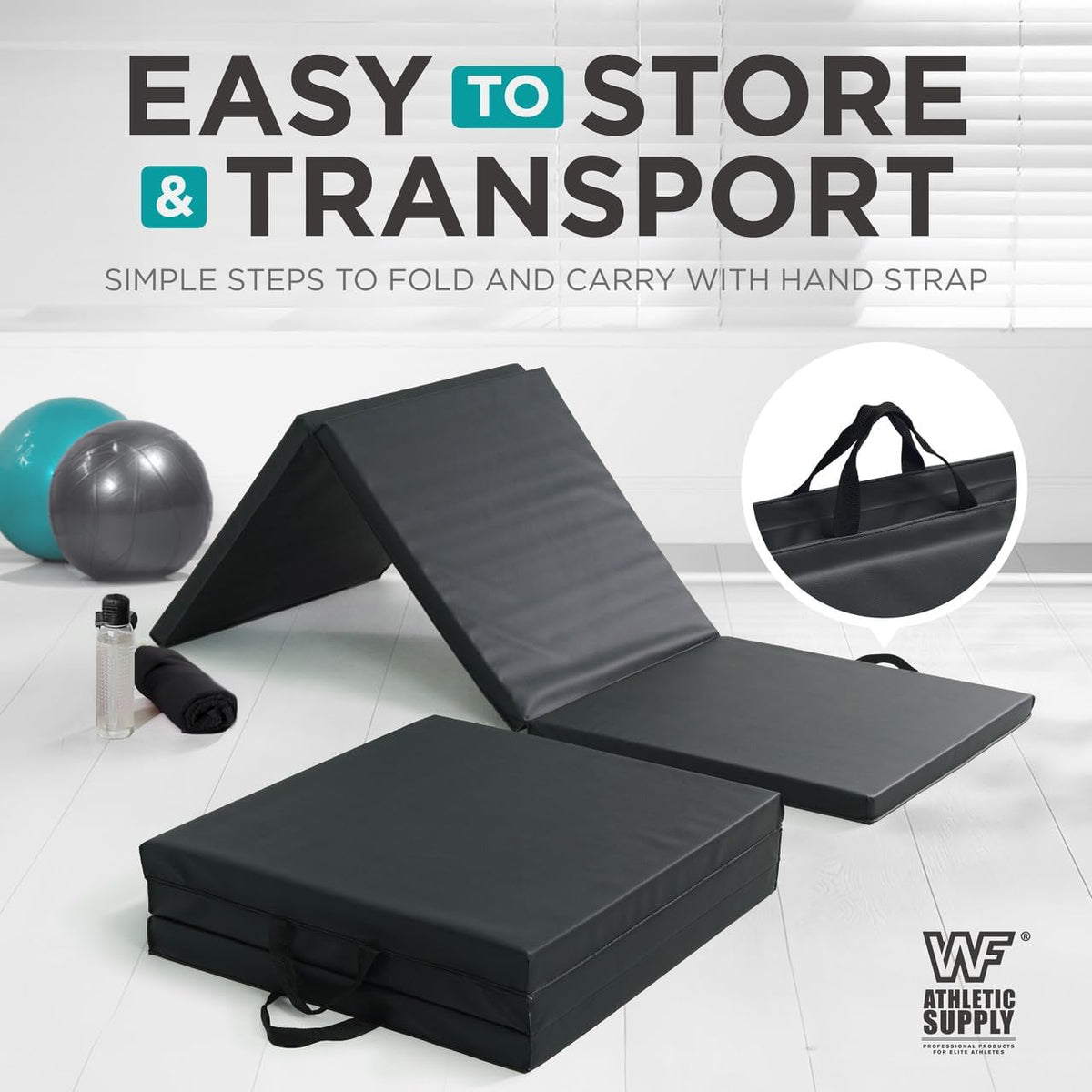 Tri-Fold Exercise Mat, 1.5" Thick with Carrying Handles - High-Density Foam Foldable Gym Mat for Gymnastics, Yoga, MMA, Core Workouts & Stretching, 72" x 24", Easy Storage & Portable