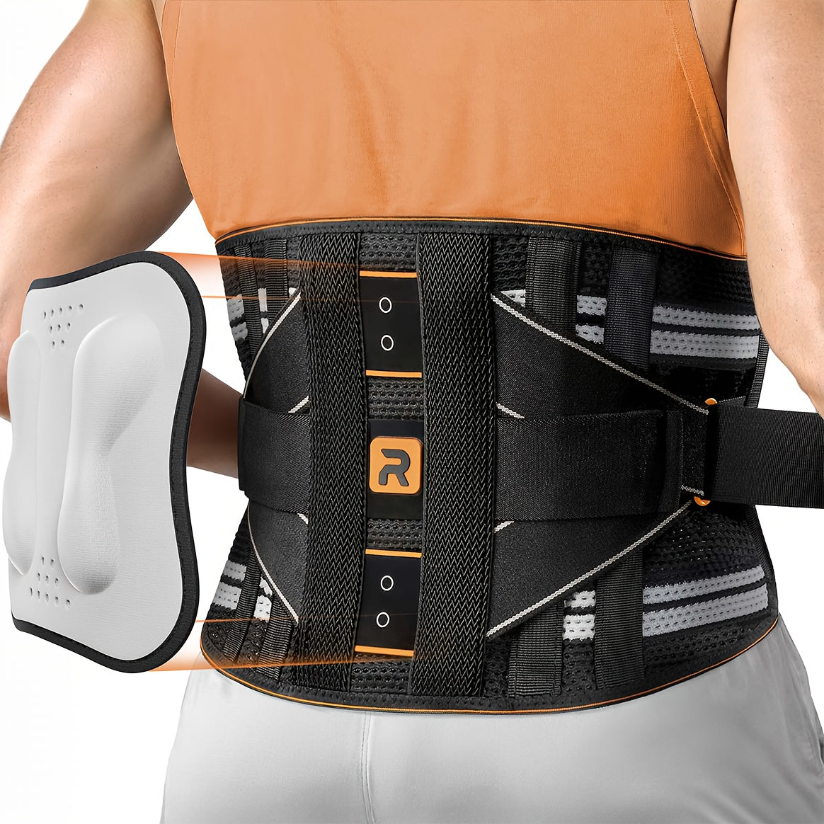 Lumbar Support Back Brace with Massage Pad, Breathable Lower Back Support Belt for Men & Women – Adjustable Strap Pain Relief Waist Belt for Work, Lifting, and Driving (Orange & Blue, S-XXL)