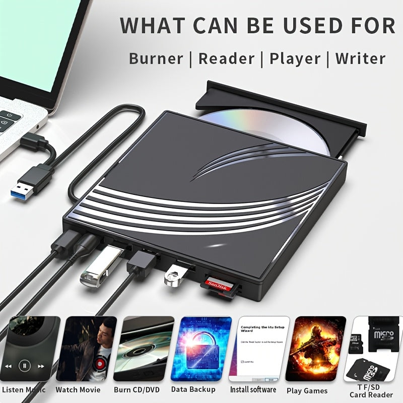 USB 3.0 External DVD Burner & CD/DVD Player - 8-in-1 Ultra Slim Portable Optical Drive with Type-C, HD Playback, Read/Write/Burn for Laptop PC Mac Windows Linux - 3 Colors
