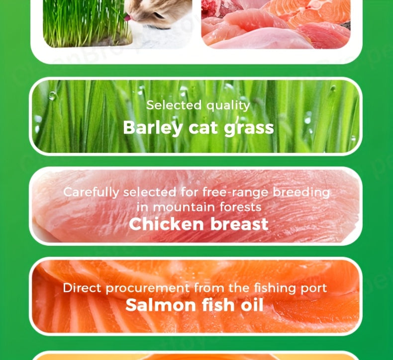 Freeze-Dried Cat Grass Hairball Control Tablets – Natural Mint Molar Sticks & Granules, Chicken-Flavored Cat Snacks for Dental Health & Hairball Removal