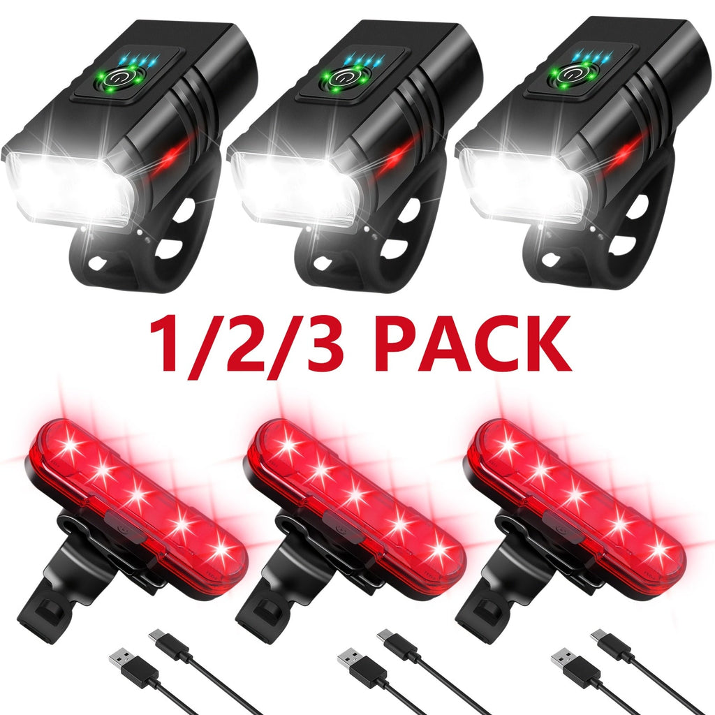 LED Bike Light Set USB-C Rechargeable 1500 Lumens – Front & Rear Bicycle Lights, 6+4 Modes, Waterproof, Power Display, Fast Charging, Safe Night Cycling Lights for Road and Mountain Bikes