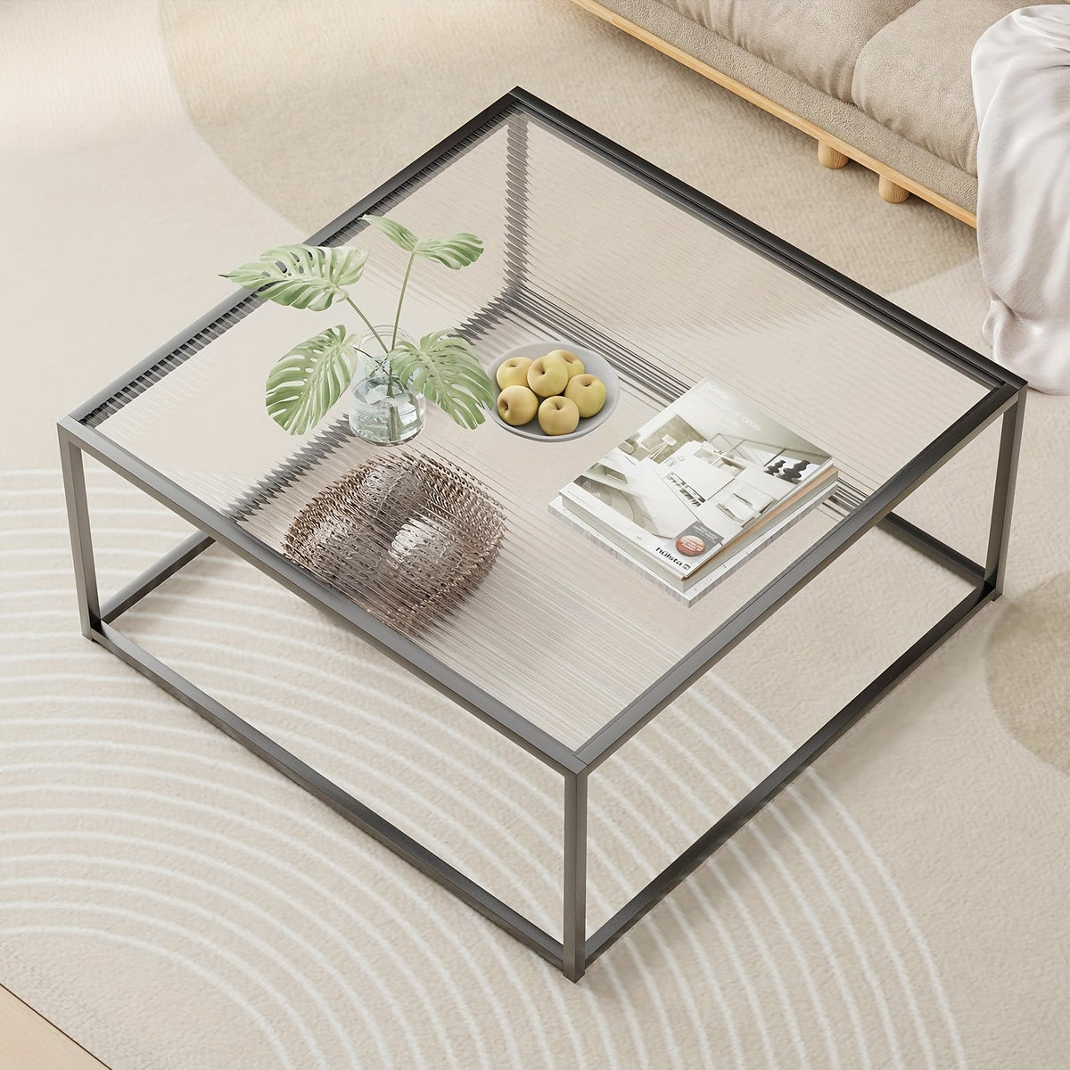 Glass Coffee Table 26"x26" – Modern Square Clear Glass Center Table for Living Room Small Spaces in Gold Black White with Plain or Striped Glass