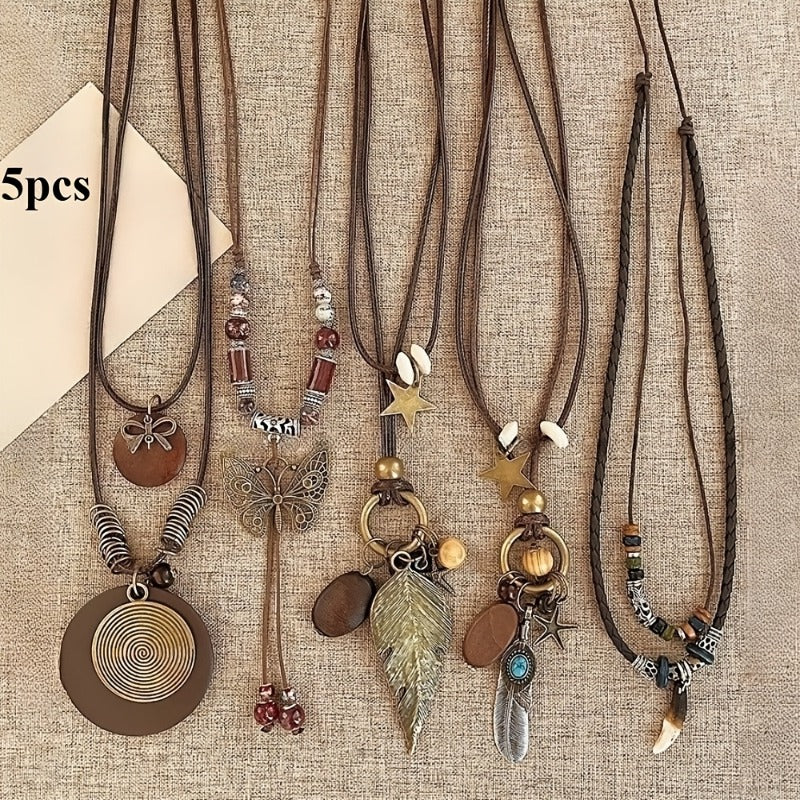 5-Piece Bohemian Layered Necklace Set for Women – Retro Boho Sweater Chain Y-Shaped Necklace with Feather, Leaf, Butterfly, and Star Pendants, Fashionable Stackable Jewelry Gift for Daily Wear and Banquets