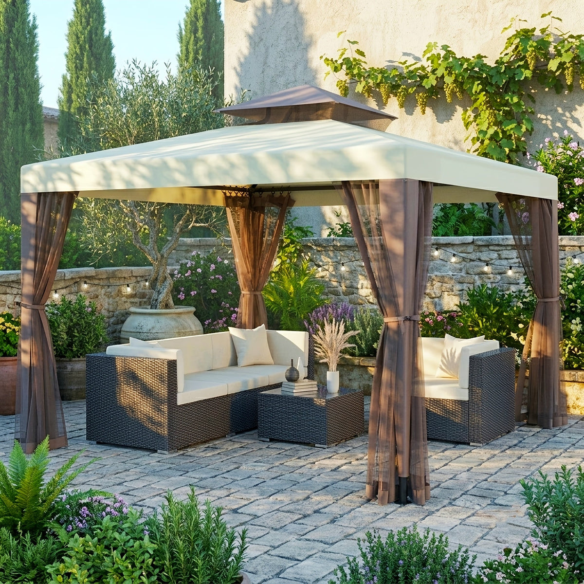 10x10 Ft Gazebo with Mosquito Netting & Mesh Sidewalls, 100 Sq Ft Shade, Sturdy Steel Frame, for Garden, Backyard, Terrace & BBQ Party