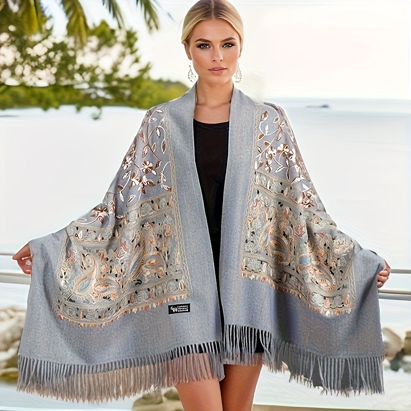 Women's Bohemian Cashmere Shawl Scarf – Vintage Paisley Embroidery with Tassel Trim, Lightweight Warm Wrap for Spring & Fall, 6 Colors, Hand Washable for Casual & Dressy Outfits
