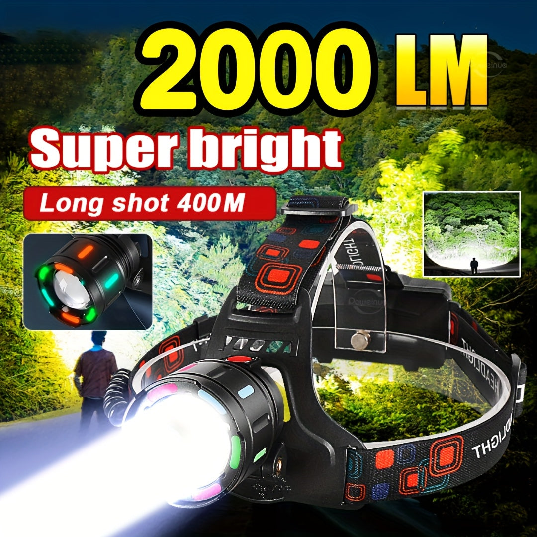 Rechargeable LED Headlamp, 4 Modes, Adjustable Focus, 90° Tilt, Warning Taillight, Durable Headlight for Camping, Hiking, Adventure, Emergency, and Repair Work for Adults