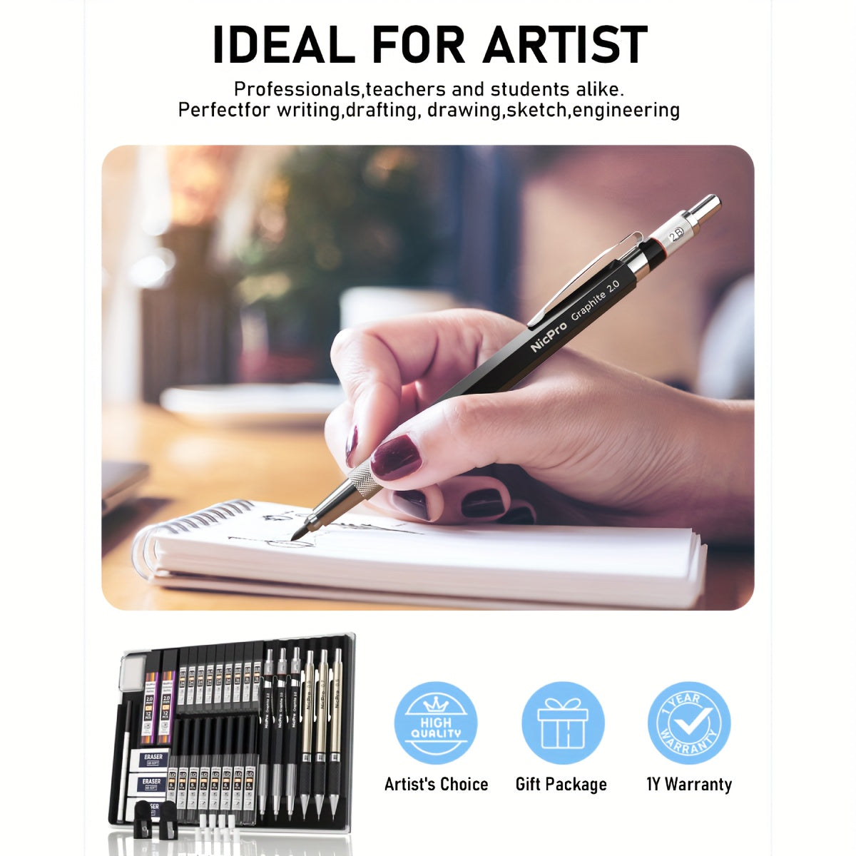 34-Piece Art Mechanical Pencil Set with Case: 6 Metal Drafting Pencils (0.5mm, 0.7mm, 0.9mm, 2mm), 19 Lead Refills, and Erasers for Sketching and Drawing Artists