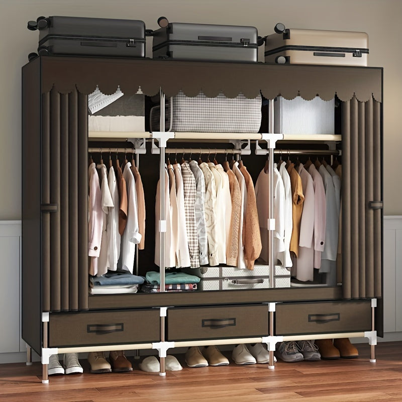 Freestanding Fabric Wardrobe with Curtain Sliding Door – 3 Hanging Rods & Rail Portable Closet Storage Organizer for Bedroom Study in Gray Jacquard & Magpie