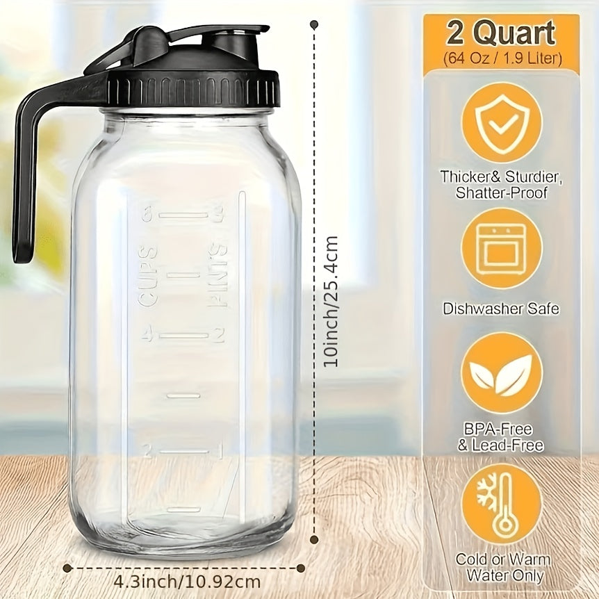 64oz Mason Jar with Handle & Lid – BPA-Free High Borosilicate Glass Beverage Carafe, Leak-Proof, 2/3 Pack, for Sports, Outdoor, Juice, Water, Kombucha, Holiday Gift
