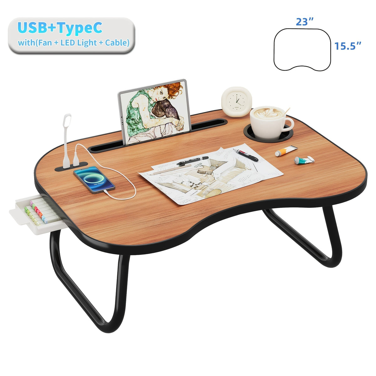 Laptop Desk with USB Port, Storage Drawer & Cup Holder – Walnut Wood Bed Tray Table for Eating, Writing, Sofa, Couch, Adults, and Students