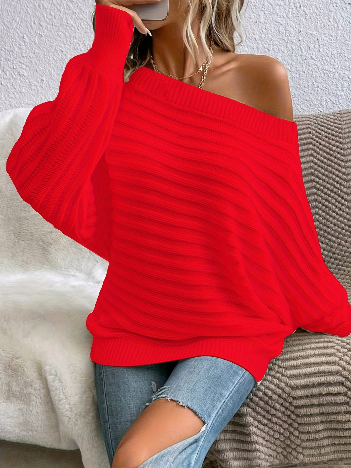 Women's Batwing Sleeve Hollow Knit Crew Neck Pullover Sweater, Solid Color Long Sleeve Top, S-XL, 12 Colors