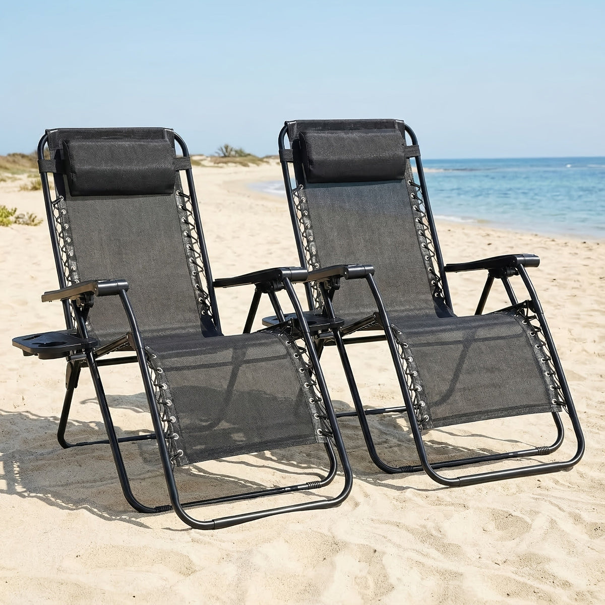 Set of 2 Zero Gravity Chairs 330 Lbs Capacity Foldable Patio Lounger with Adjustable Recline Locking System & Removable Cup Holder for Lawn Poolside Beach & Travel – Grey Black Khaki Blue