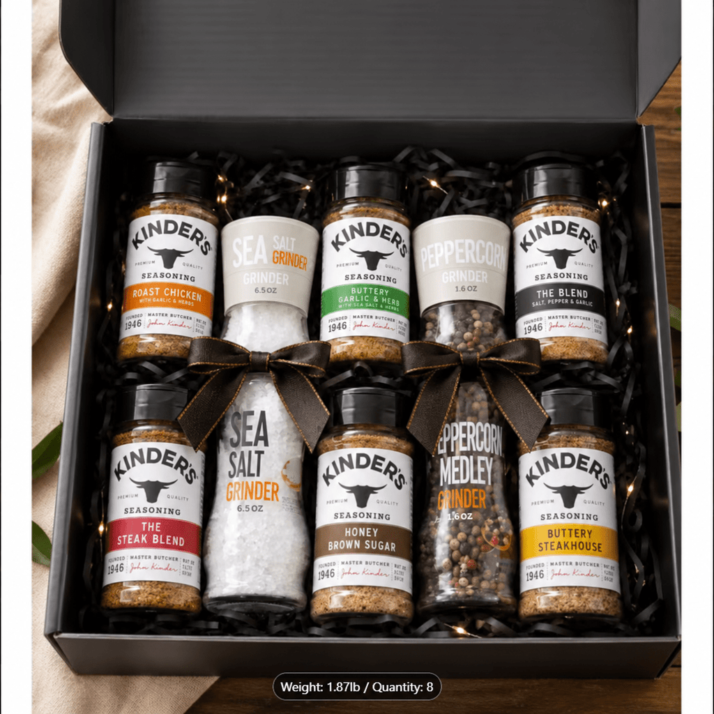 Kinder’s Seasoning Gift Box Set 8-Piece with Salt & Pepper Grinders Variety Seasoning Blends for Grilling Roasting & Baking – 1.87 Lb