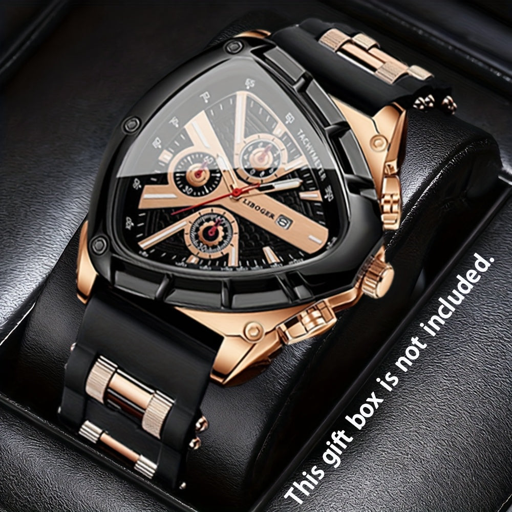 2pcs Men's Watch Set: Sports Triangle Dial Silicone Strap and Retro Square Dial Quartz Watch with Date Display, Casual Dress Watches for Valentine's Day or Father's Day Gift
