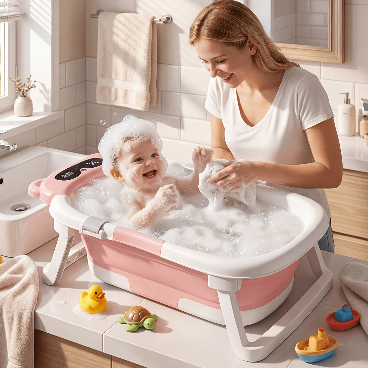 Foldable Baby Bathtub with Soft Cushion & Built-In Thermometer, Non-Slip Portable Travel Baby Bath Tub with Soft Flotation Cushion, Safe & Durable for Newborns to Toddlers, Gray