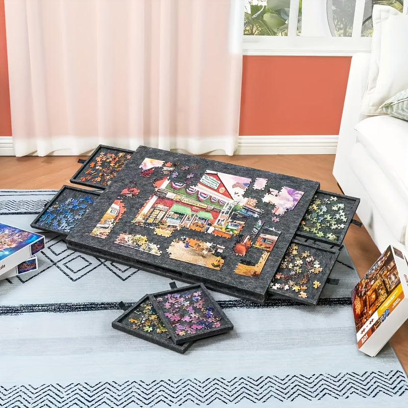 1000-Piece Puzzle Table, 2-in-1 Tilting Design with Stand, Lid & 6 Drawers, Ultralight Portable Puzzle Board for Adults, Ergonomic Jigsaw Puzzle Accessory Gift for Puzzle Lovers – Natural & Grey