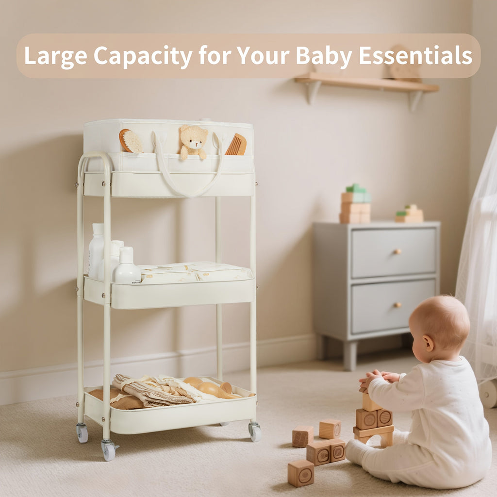 3-Tier Rolling Nursery Storage Cart with Dividers & Drawers, Mobile Diaper Caddy Organizer on Wheels for Changing Table Crib & Bedroom, Easy Assembly Nursery Cart