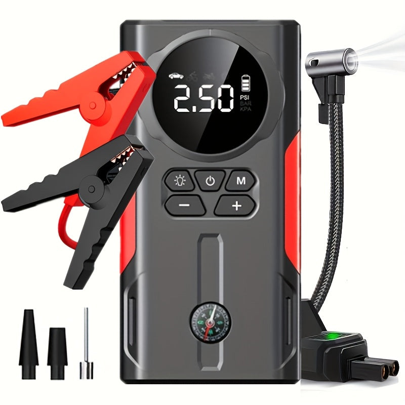 7-in-1 Portable Car Jump Starter with 150PSI Air Compressor, Digital Display, and Emergency Power Bank for Gas & Diesel Engines - Car Battery Booster Pack with Air Pump