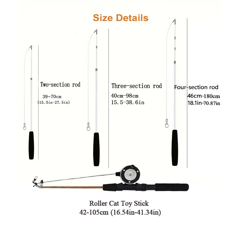 Telescopic Feather Cat Wand Toy with Interchangeable Heads - Artificial Feather Interactive Cat Toy, 3 or 4-Section Extendable Pole with 3/6/9 Random Replacement Heads, No Battery Required