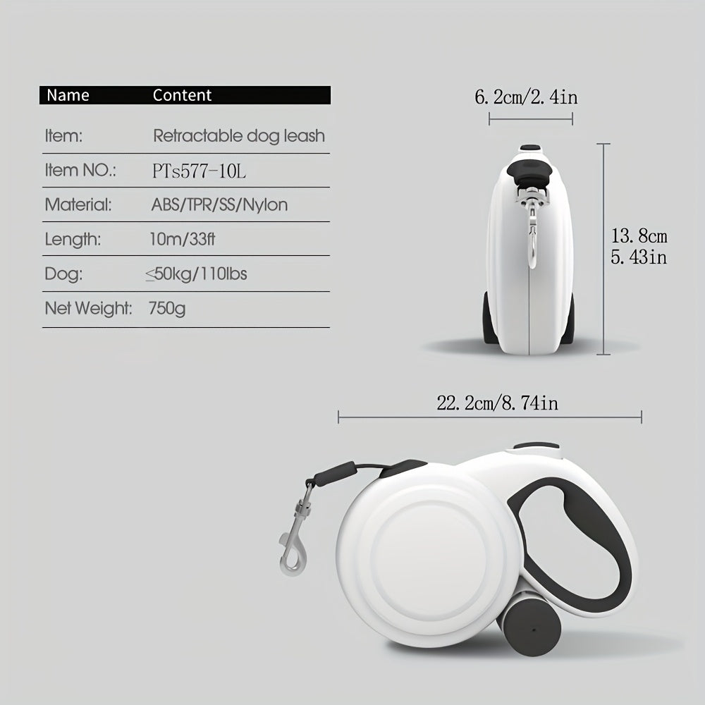 Retractable Dog Leash 33ft with Reflective Strips and Poop Bag Holder - 360° Tangle-Free One-Button Control Heavy-Duty Nylon Long Leash for Medium and Large Dogs, Dog Walking Leash with Safety Lock
