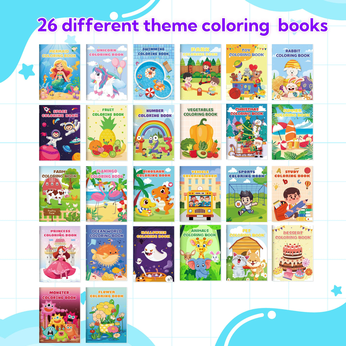 26-Pack Coloring Books for Kids Ages 3-8, Bulk Party Favors with Dinosaur, Mermaid, and Animal Designs, Classroom Goodie Bag Stuffers, Birthday Gifts, and School Activity Supplies