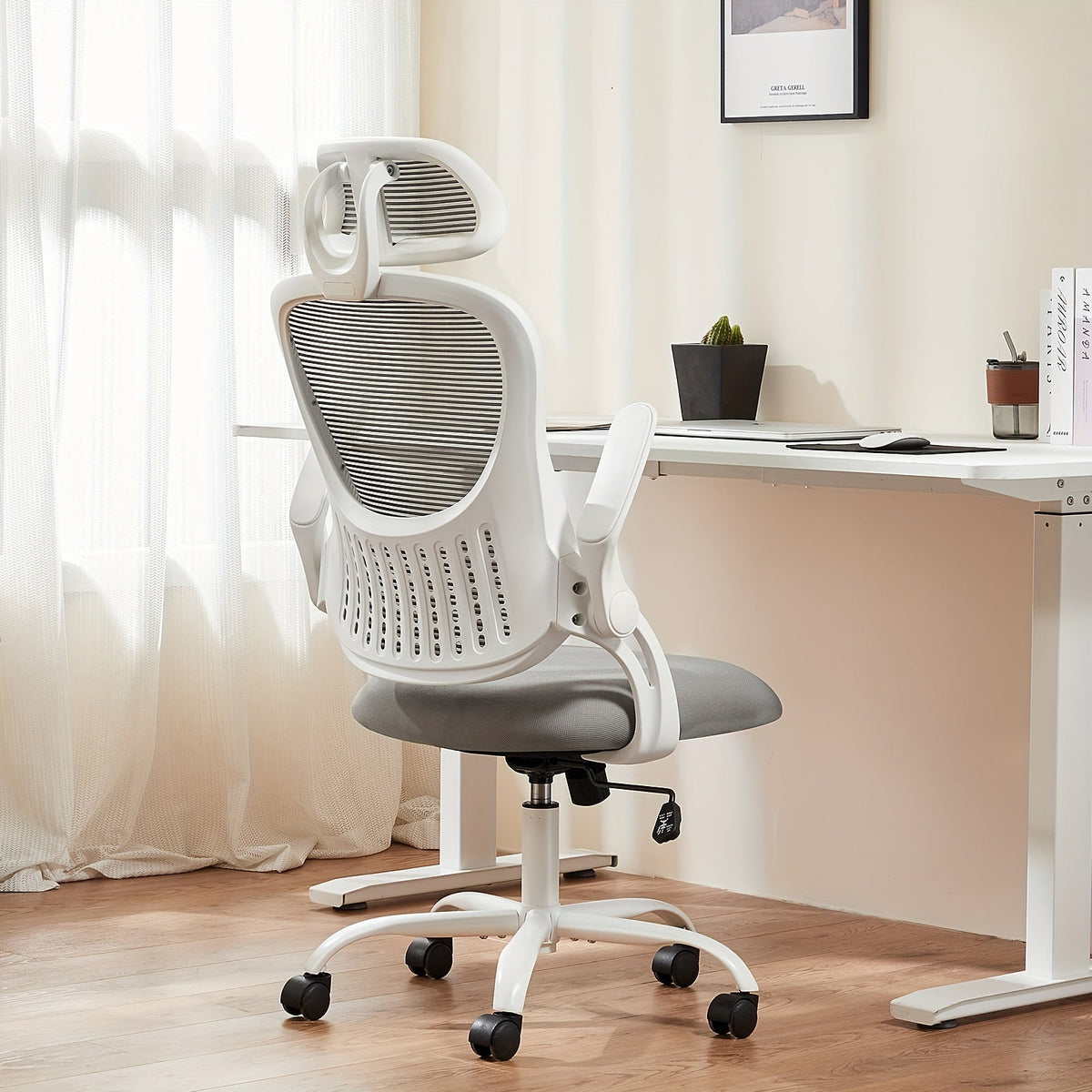 Ergonomic High-Back Mesh Office Chair with Flip-Up Arms, Adjustable Headrest, Lumbar Support & Wheels - Rolling Computer Desk Chair for Home Office, Bedroom, Study (Pink, Grey, Black)