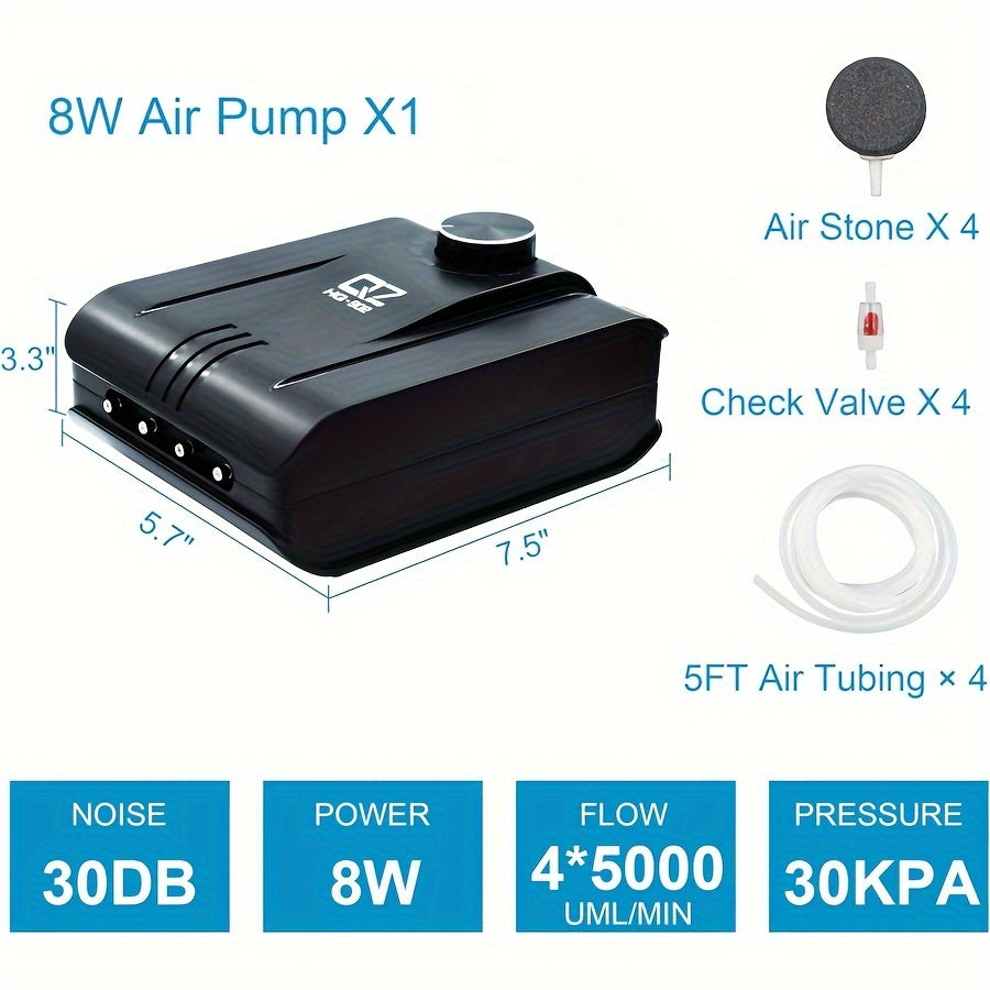 水族气泵 4出气口 320GPH 8W – 静音鱼缸气泵，适用于高达400加仑水族箱，带可调气阀，包含4个止回阀、4个气泡石及4根5英尺软管，适用于淡水、海水、水培及鱼池