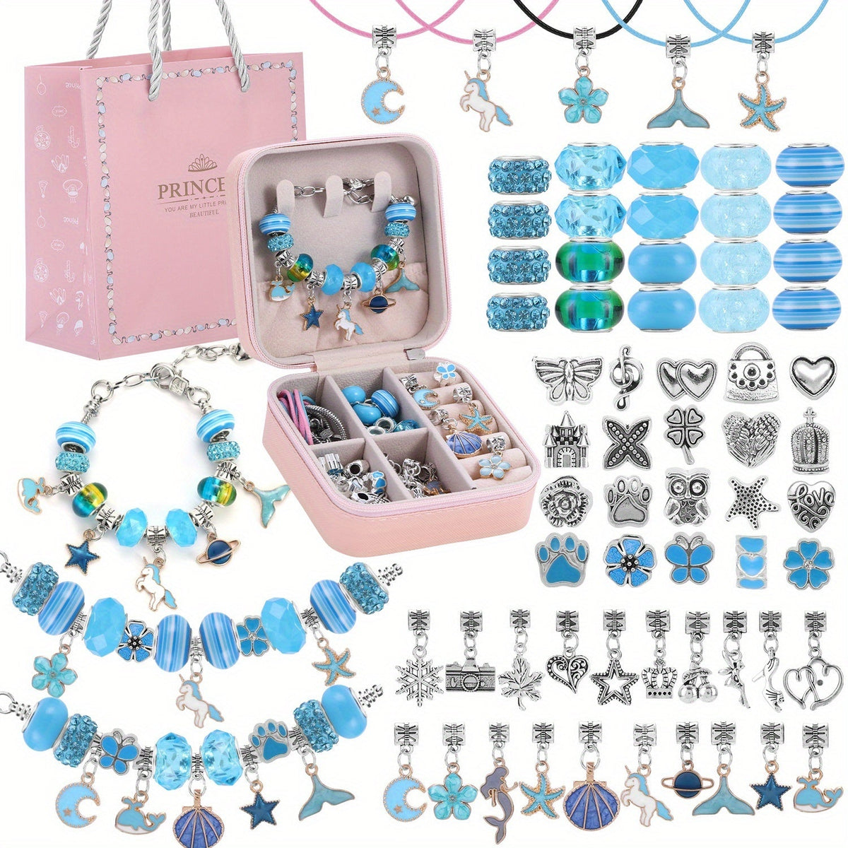 DIY Bracelet Making Kit for Girls, Unicorn & Mermaid Jewelry Craft Set with Portable Jewelry Box, Handmade Beading Gift for Birthday, Christmas, Graduation, Valentine's Day (Blue, Purple, Pink, Black)