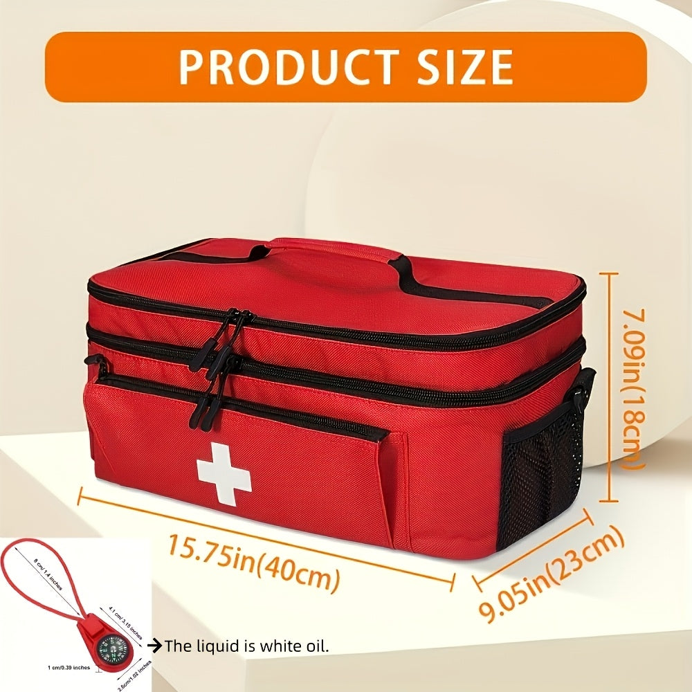 Large First Aid & Emergency Bag with Shoulder Strap - Double-Layer, Multiple Compartments, Mini Compass Included, Portable Emergency Organizer - Red, Gray, Black (Empty Bag Only)
