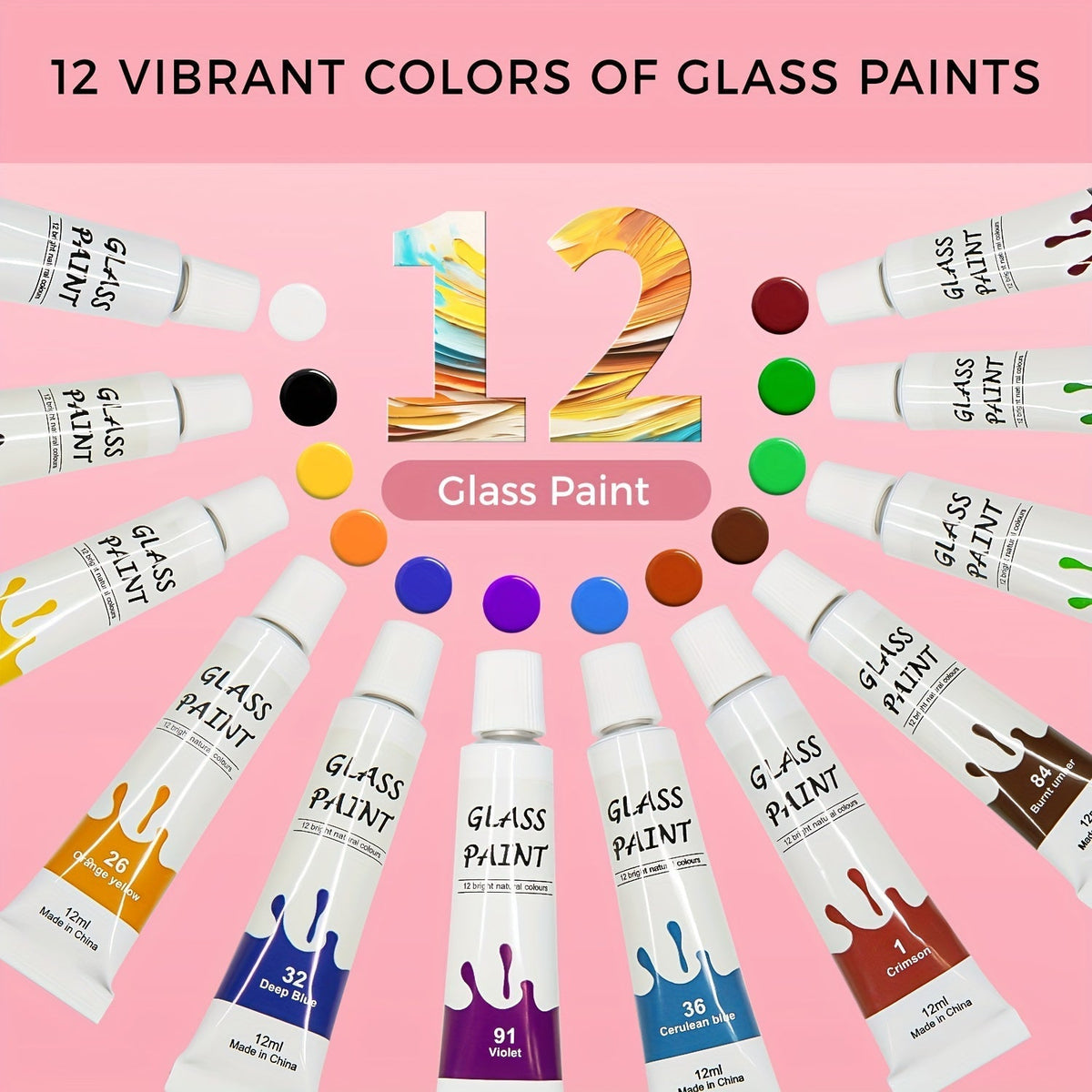 Glass Paint Set 12 Colors Non-Toxic Acrylic Stained Glass Painting Kit for Wine Glasses, Windows, Ceramic Mugs, ASTM Certified, Odorless, with 3 Brushes for Adults, Artists, and Beginners