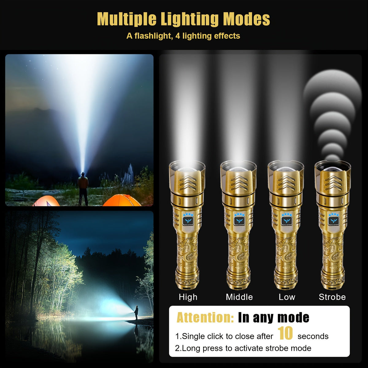 SKYFIRE LED Rechargeable Flashlight 4000mAh Golden Dragon Pattern Ignition Lens Zoom & 4 Modes for Camping Outdoor & Household Use – Gold