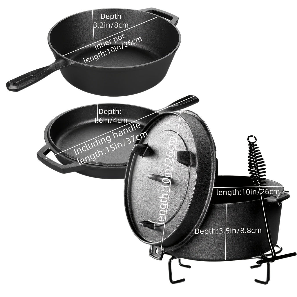 Cast Iron Cookware 6-Piece Non-Stick Set: Skillet, Dutch Oven, and Grill Pan Kit for Induction, Gas, Campfire, BBQ, Outdoor Cooking, and Kitchen