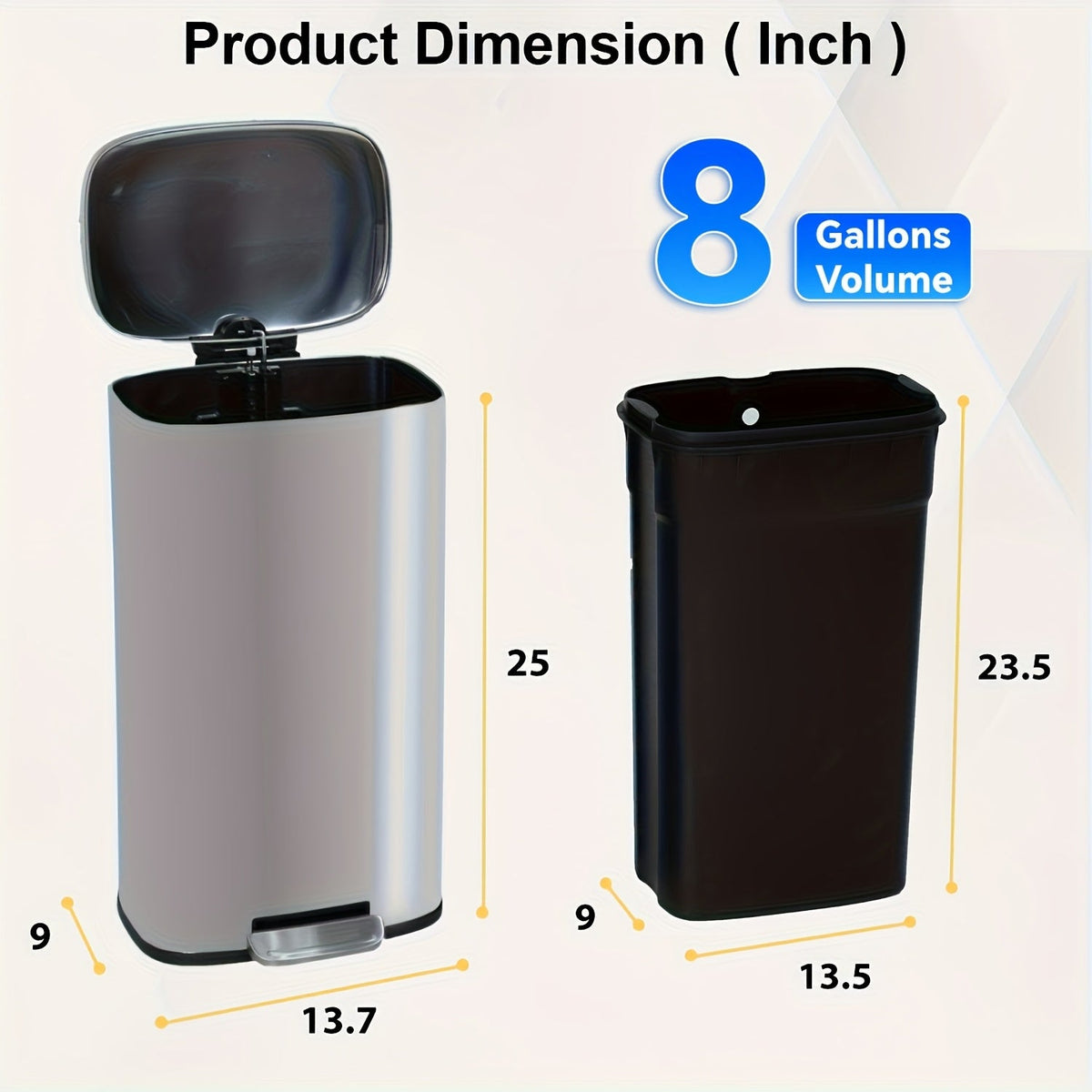 Pedal Trash Can – Fingerprint-Proof Stainless Steel Kitchen Garbage Can with Removable Inner Bucket & Hinged Lid for Kitchen Home Office in 5L to 50L