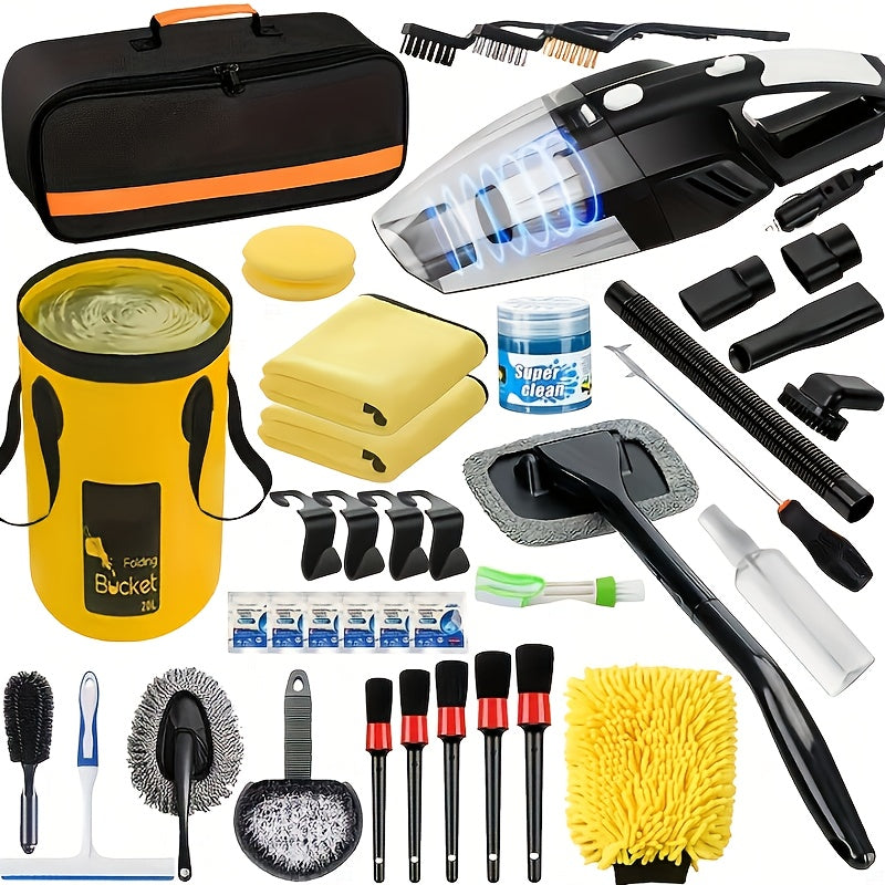 Car Wash Detailing Kit 19 or 41 Piece with Handheld Vacuum, Collapsible Bucket, Windshield Tool, Tire Brush, Snow Shovel, and Cleaning Gel, Complete Car Care Set (Yellow/Pink)