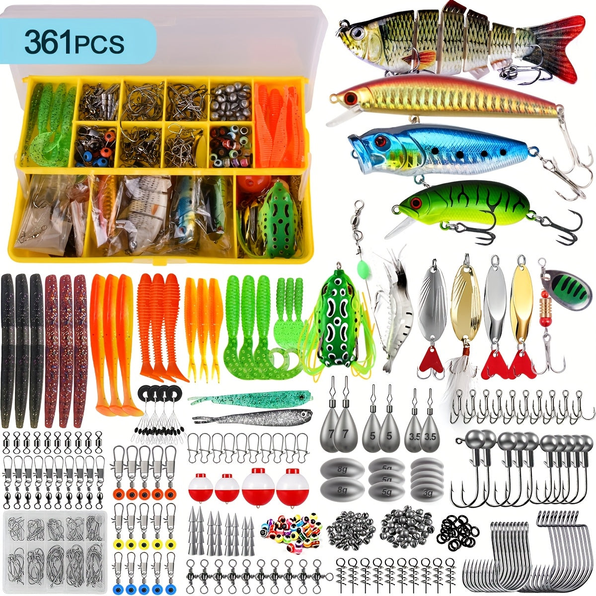 Fishing Lure Kit 78/106/188/361 Piece Freshwater Tackle Box Set, Spoon Lures, Soft Plastic Worms, Hooks & Accessories for Bass, Trout, and Salmon Fishing, Complete Beginner & Pro Fishing Gear Gift
