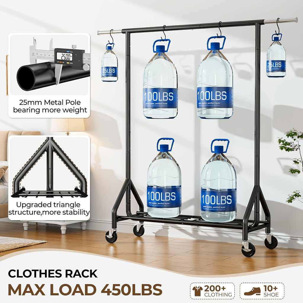 Heavy Duty Clothes Rack 70 Inch 450 LBS Rolling Metal Garment Rack – Portable Closet Wardrobe with Sturdy Wheels & Shelves for Hanging Clothes