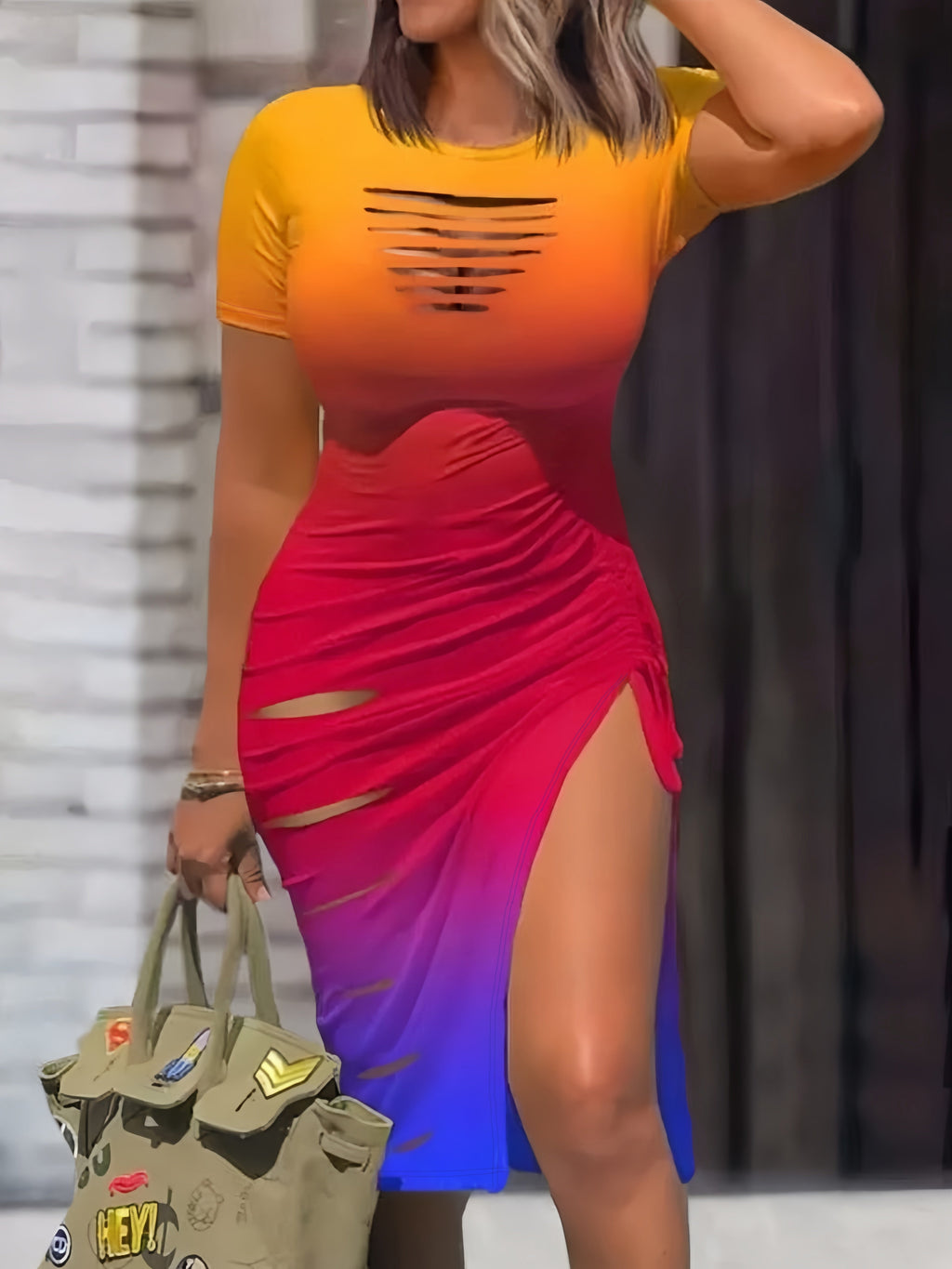 Women's Sexy Cut-Out Drawstring Bodycon Mini Dress, Short Sleeve Split Hem Tight-Fitting Summer Club Party Dress S M L XL XXL