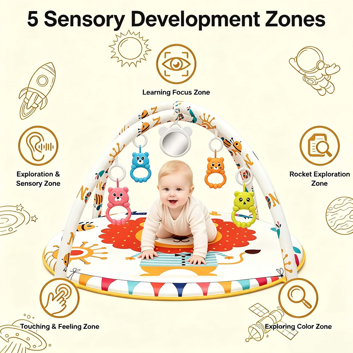 Baby Play Gym & Activity Mat with 5 Detachable Toys, Animal Pattern Infant Tummy Time Mat for 0-12 Months, Sensory Development Crawling Mat with Non-Slip Base, Machine Washable & Foldable
