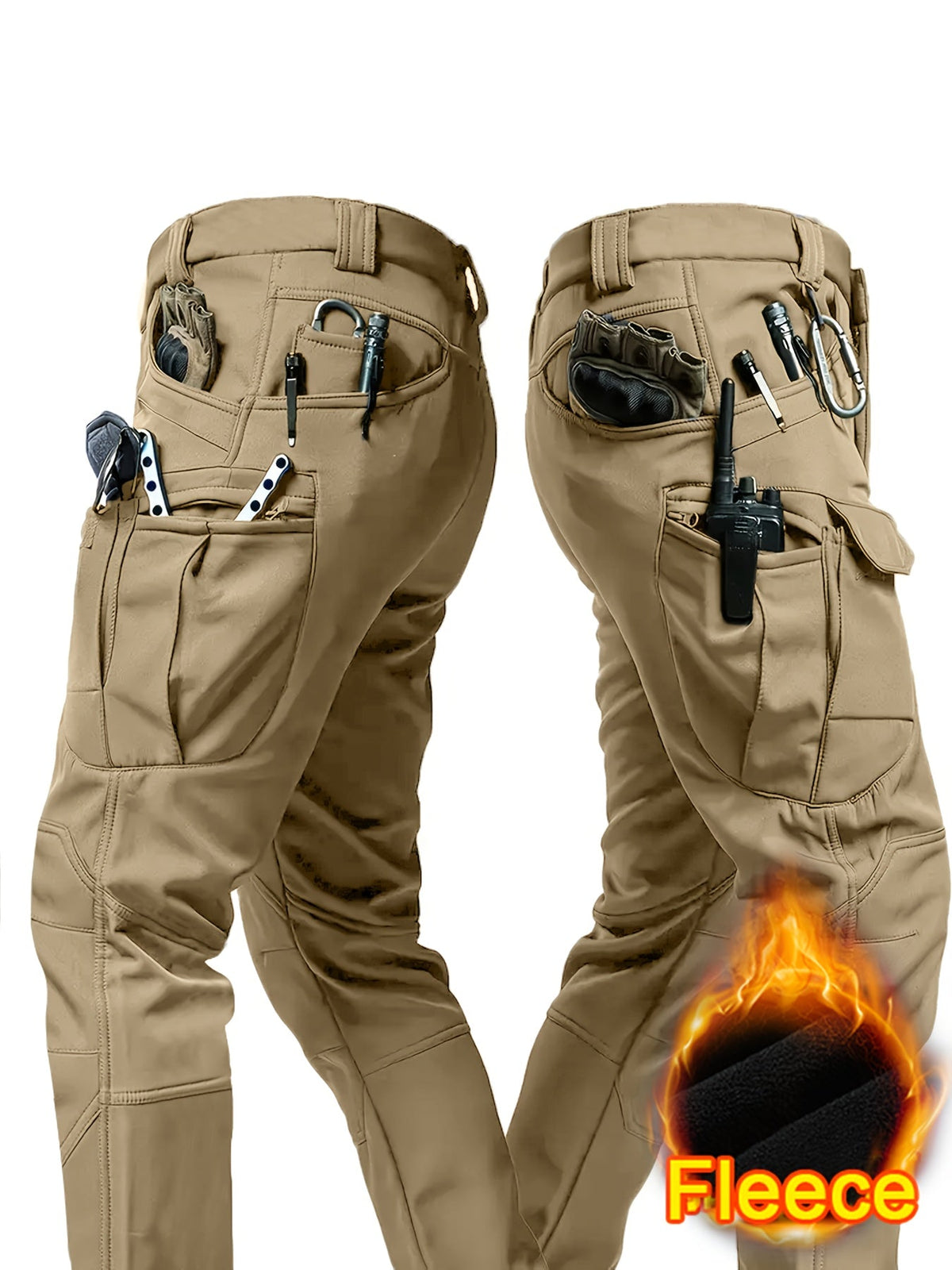 Men's Fleece-Lined Warm Tactical Cargo Pants - Windproof & Snowproof, Multi-Pocket, Micro-Stretch - Outdoor Hiking, Fishing & Casual - S–XXXL - Black, Fern Green, Grey & Khaki (No Belt)