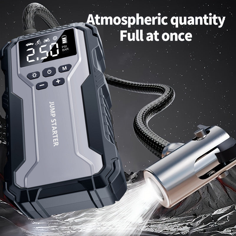 Portable Car Jump Starter Kit Multi-Function 12V Battery Booster with LED Flashlight, SOS Rescue Light, and Air Pump for Cars, Trucks, and Emergency Power Accessories