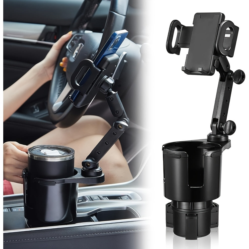 Car Phone Cup Holder Mount 2-in-1, 360° Swivel Rotation, Universal Fit for Cars, SUVs, and Trucks with Shock-Absorbing Trim - Black Extender