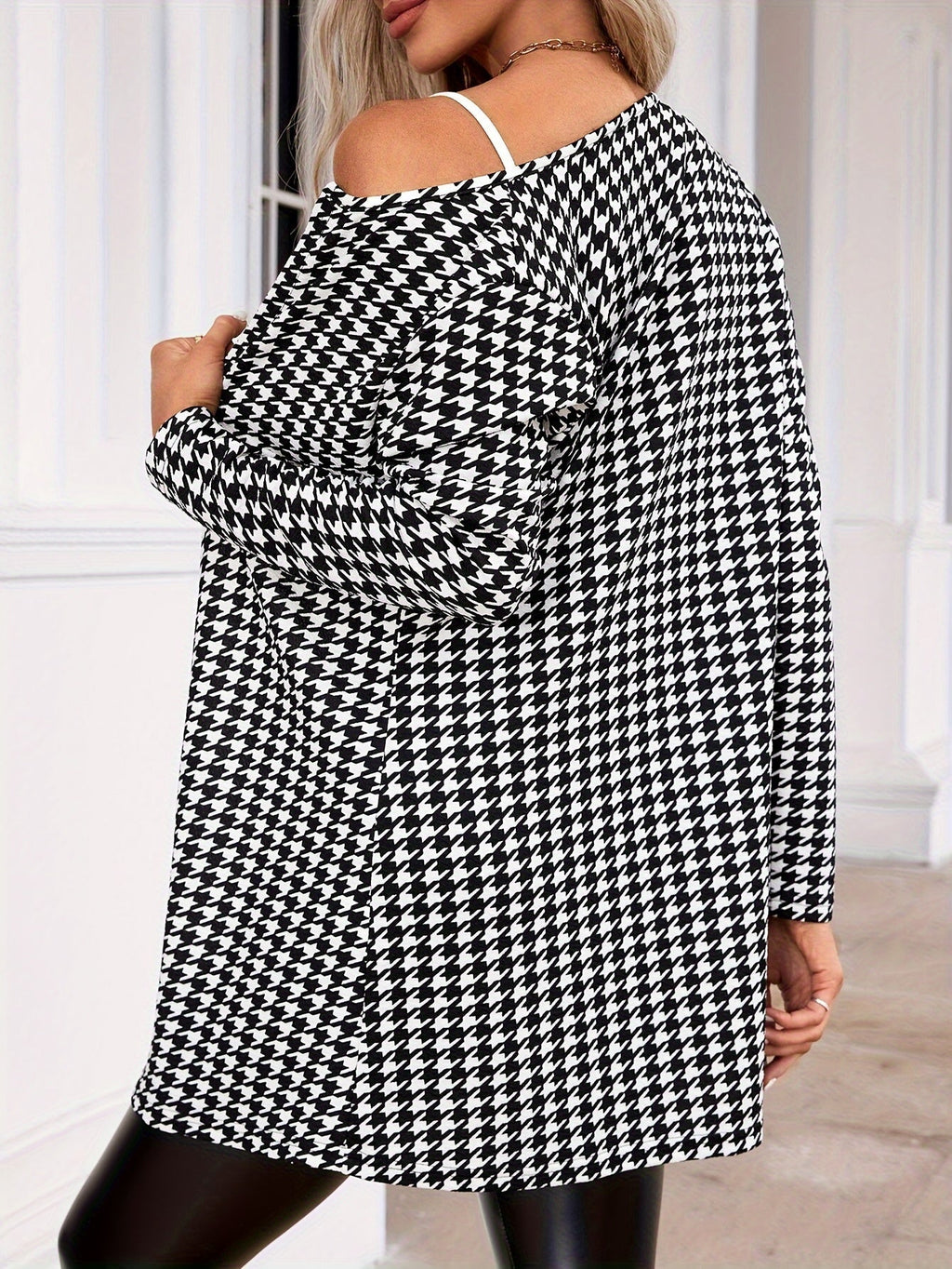 Houndstooth Open Front Cardigan Women's Long Sleeve Loose Coat Spring Fall Fashion Black White Plaid Jacket Casual Streetwear