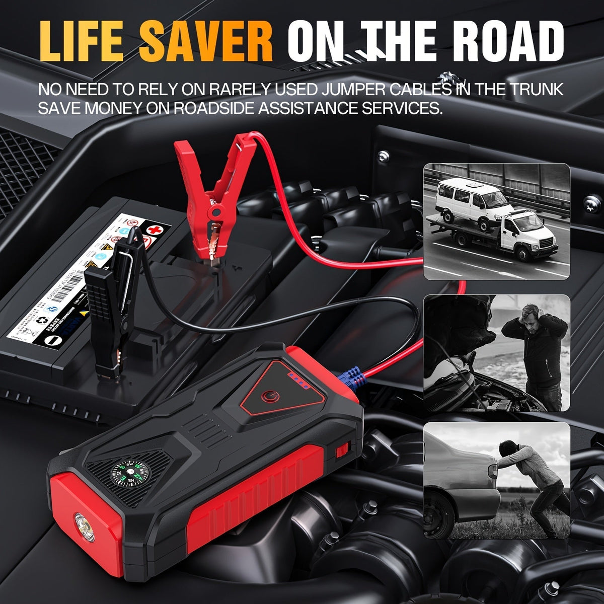 5000A Peak Jump Starter, 12V Portable Car Battery Starter for Gas & Diesel Engines – LED Flashlight, SOS Light, Safety Hammer, Compass & USB Power Bank, 74Wh Lithium Battery