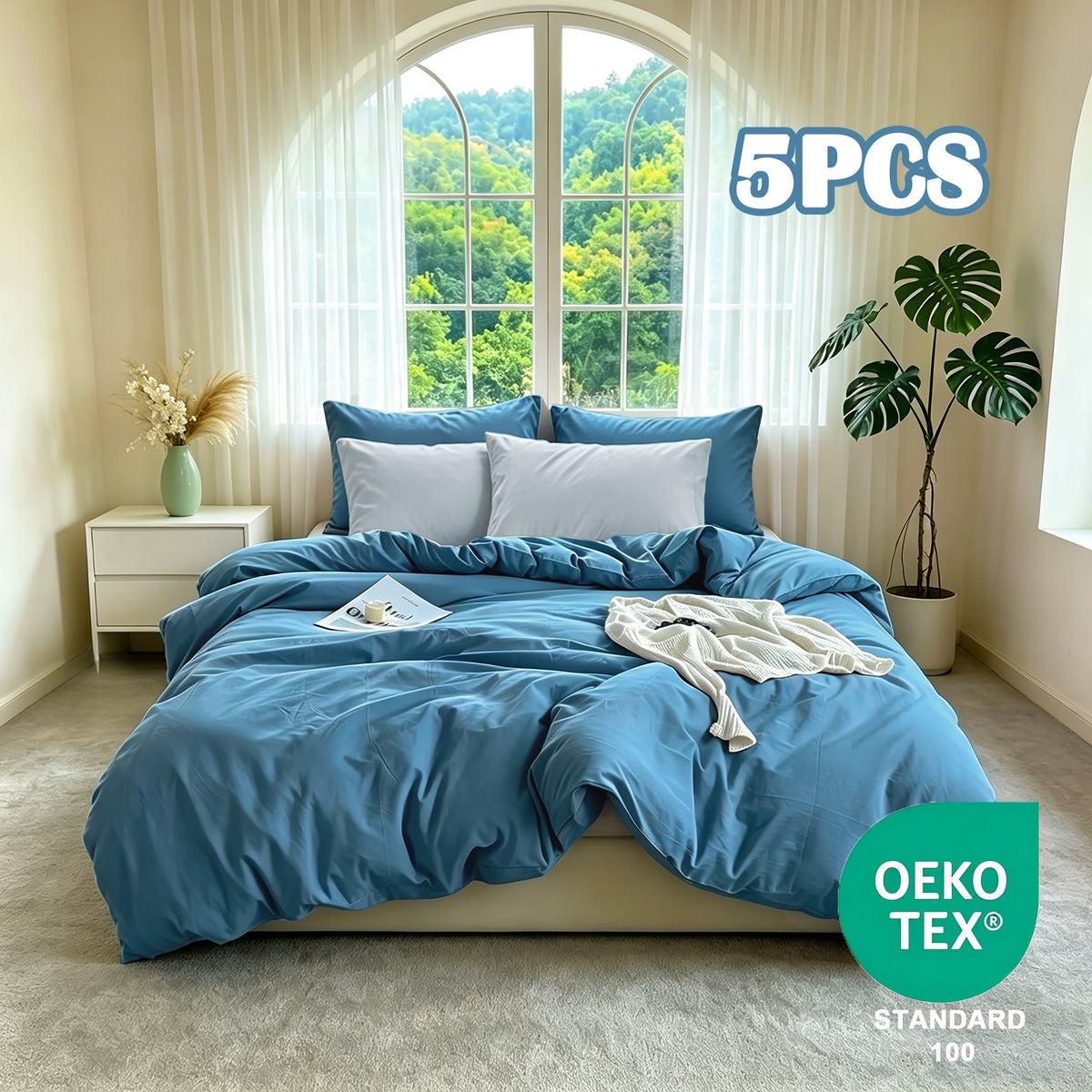 Washed Microfiber Duvet Cover Set 5-Piece, 1 Duvet Cover + 4 Pillowcases, Zipper Closure & Corner Ties, Soft Breathable Bedding Set for Home School Guest Room, No Insert, Multiple Sizes & Colors