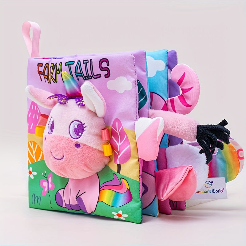 Baby Cloth Sensory Book with 3D Animal Tails, Interactive Soft Fabric Book for Infants & Toddlers 0-12 Months, Crinkle Teething Toy for Cognitive & Motor Skills Development, No Batteries Needed