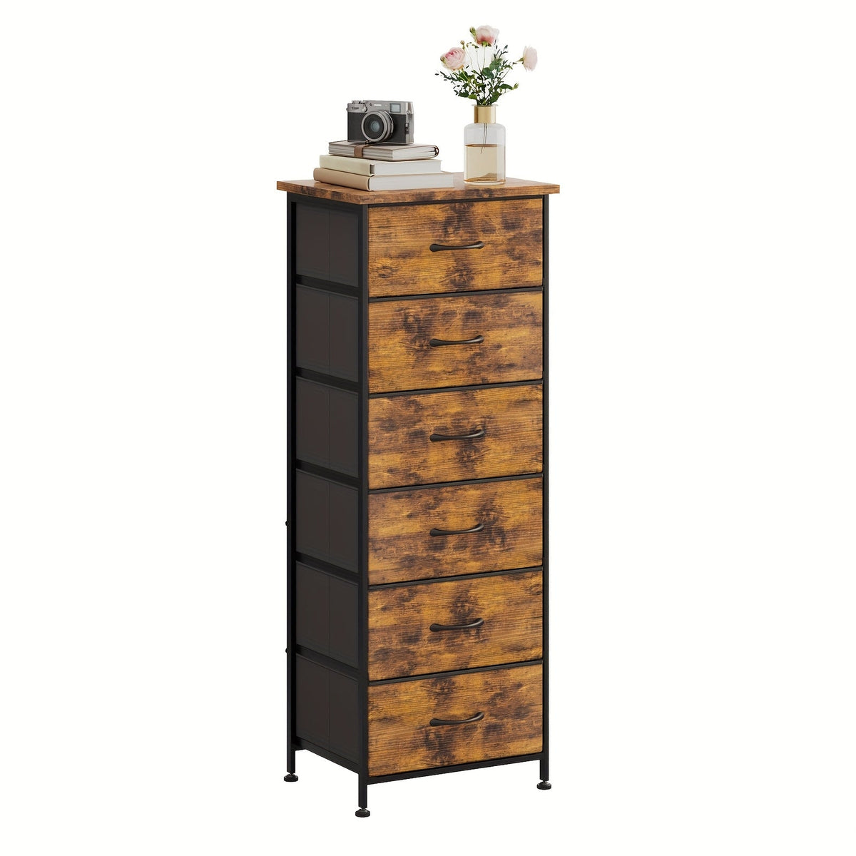 WHONLINE Tall Dresser 6 or 7 Drawer Bedroom Storage Organizer Vertical Chest of Drawers Sturdy Steel Frame Nightstand for Closet & Dorm – Gray Brown Black White